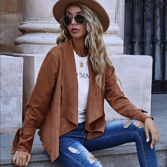 Jackets & Blazers - Brown Vegan Suede Waterfall Cardigan Jacket Tan